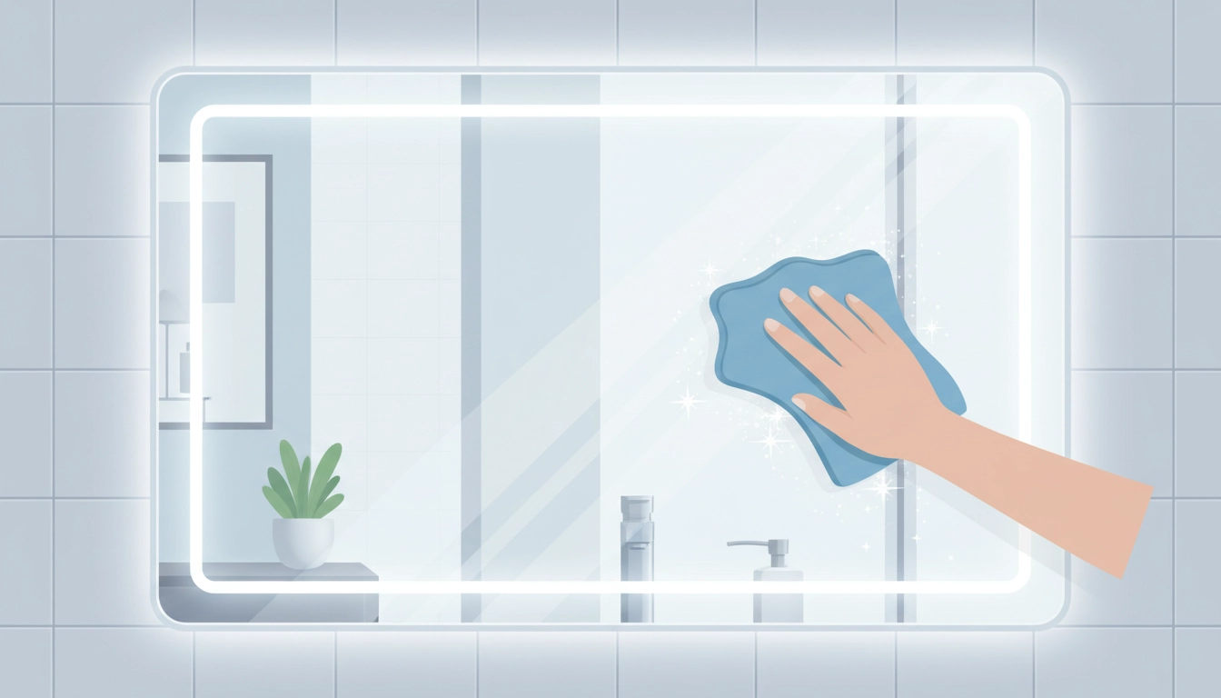 Une personne effectuant un nettoyage express miroir salle bain sans traces avec un chiffon en microfibre bleu.