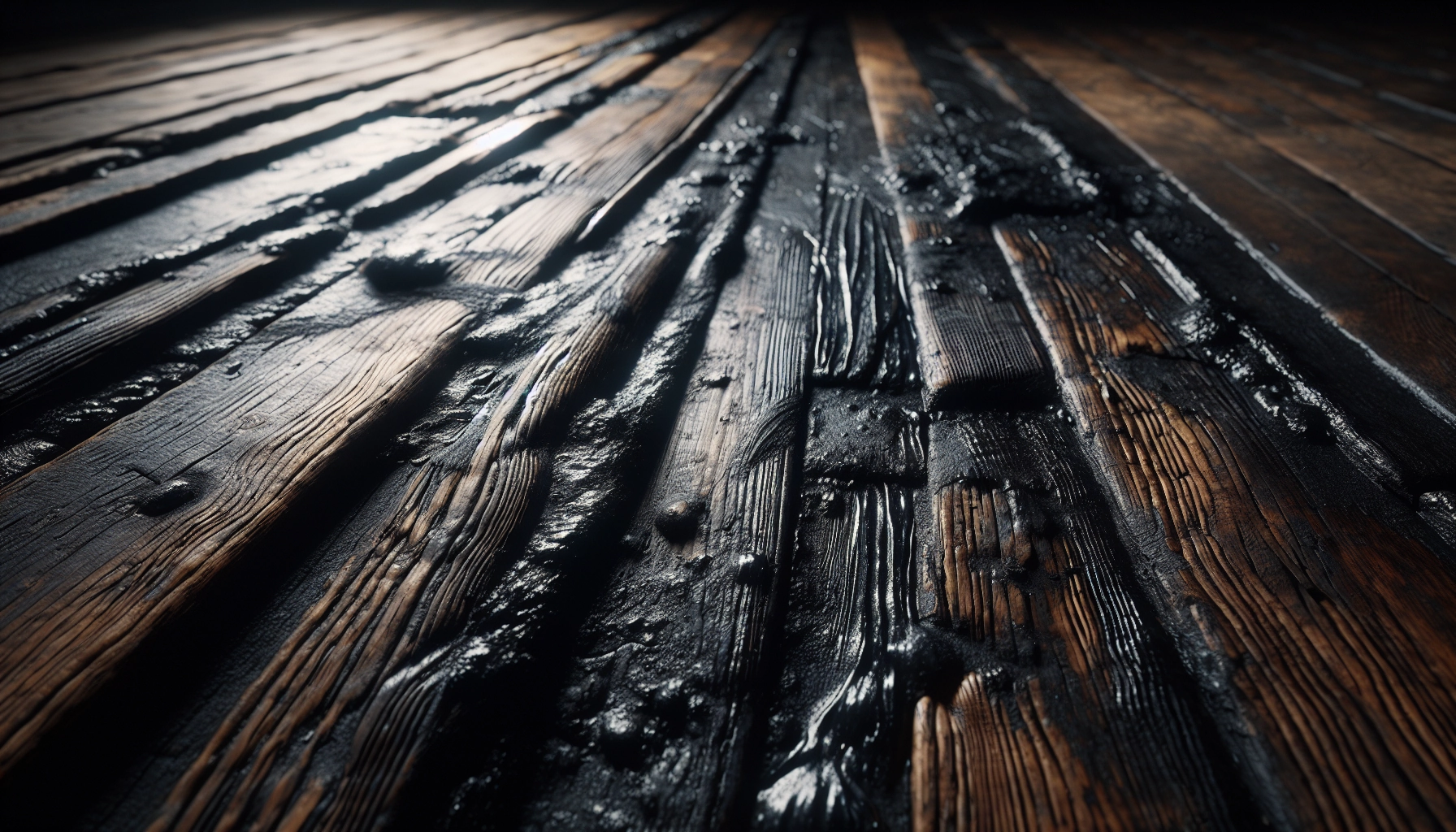 Parquet ancien en chêne très sale avant un nettoyage profond : encrassement et cire noircie incrustés