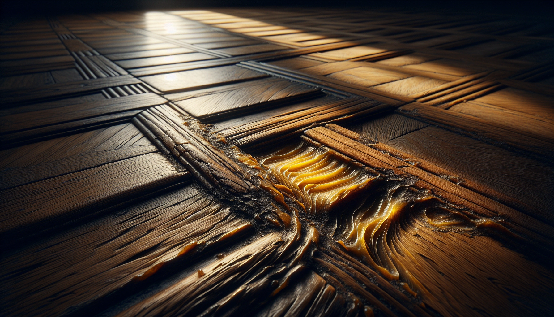 Parquet ancien très sale avec couches de cire oxydée et crasse incrustée avant nettoyage profond parquet ancien très sale