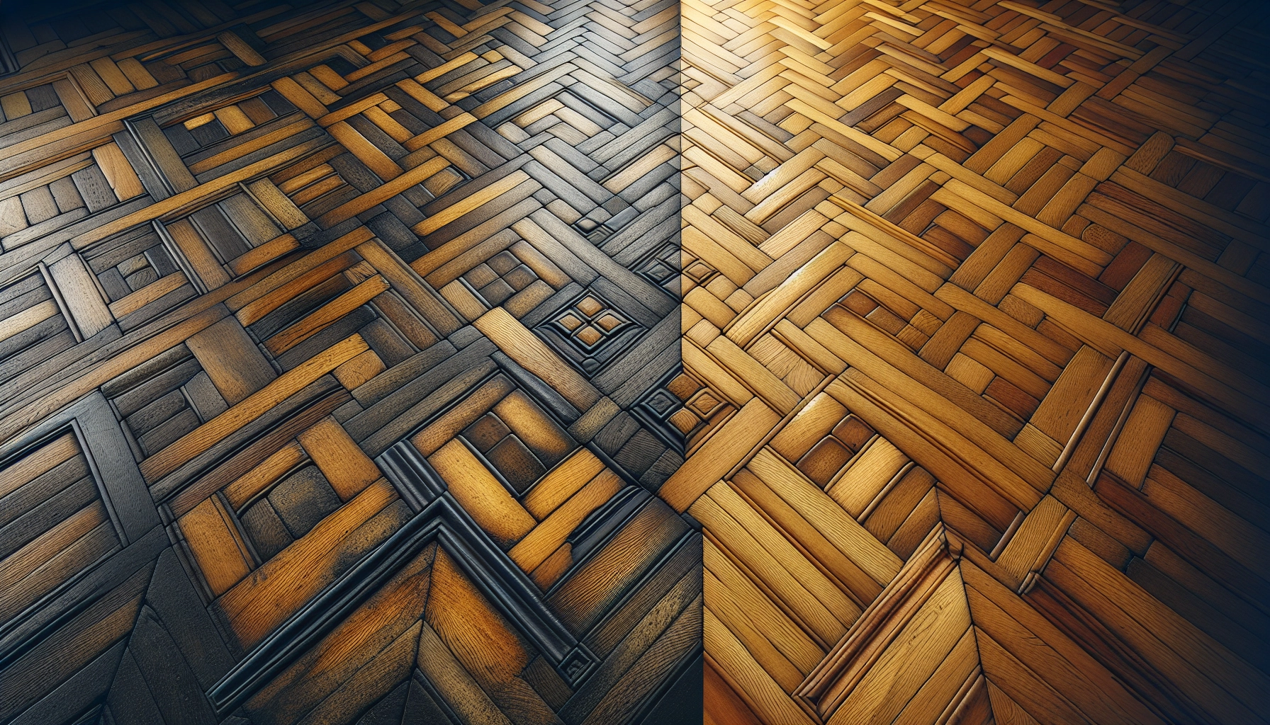 Résultat avant-après d'un nettoyage profond parquet ancien très sale : transformation complète du bois