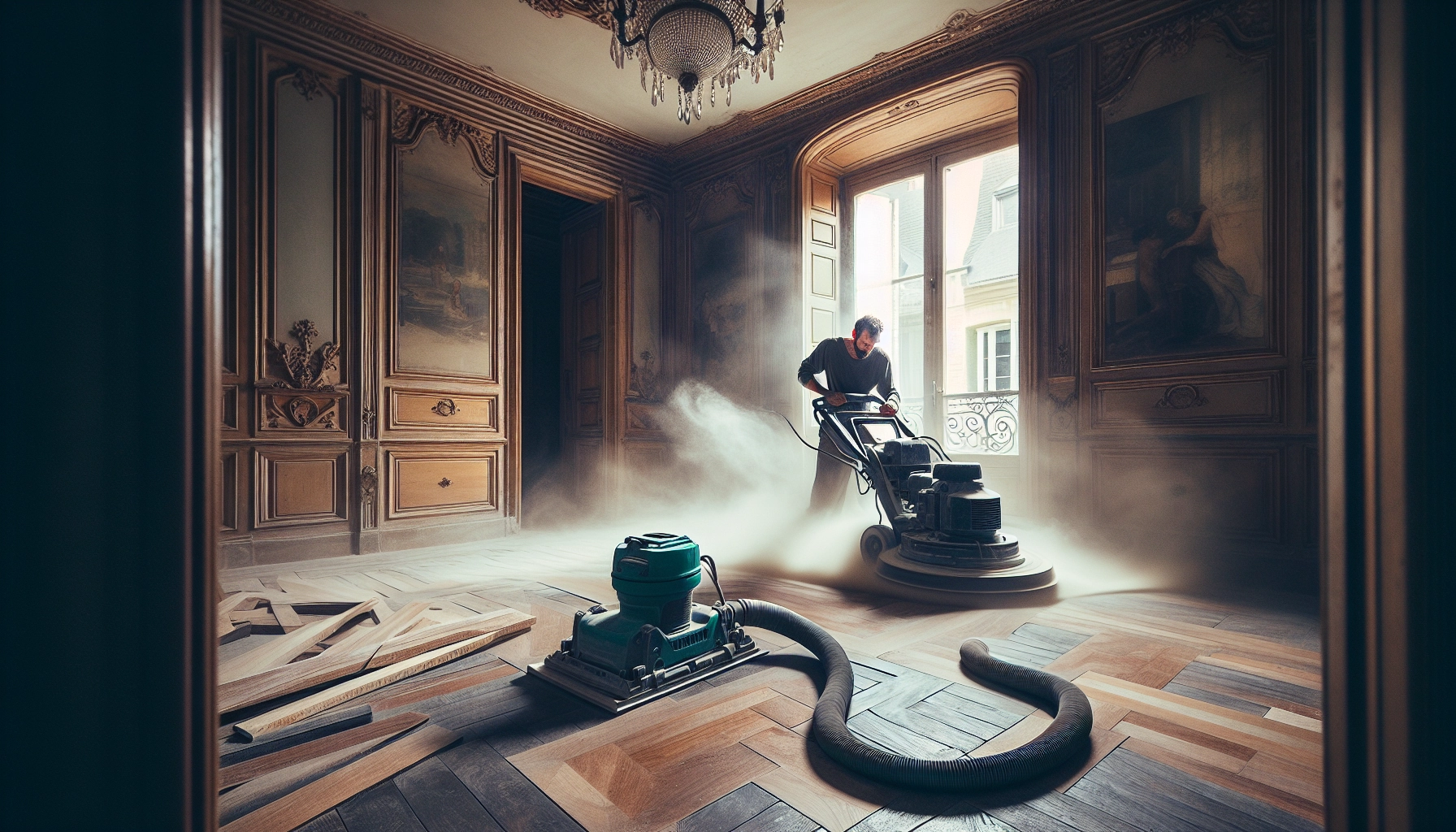 Ponceuse professionnelle sur parquet ancien très dégradé lors d'une rénovation complète par un artisan parqueteur