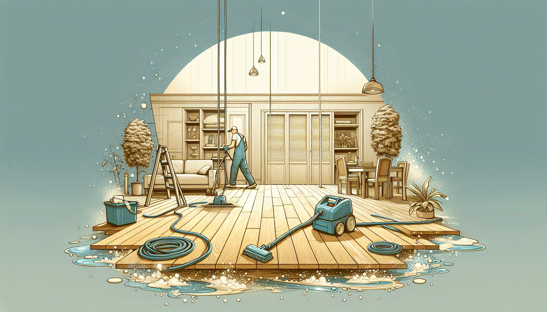 Parquet ancien en bois massif en cours de nettoyage profond avec des produits professionnels