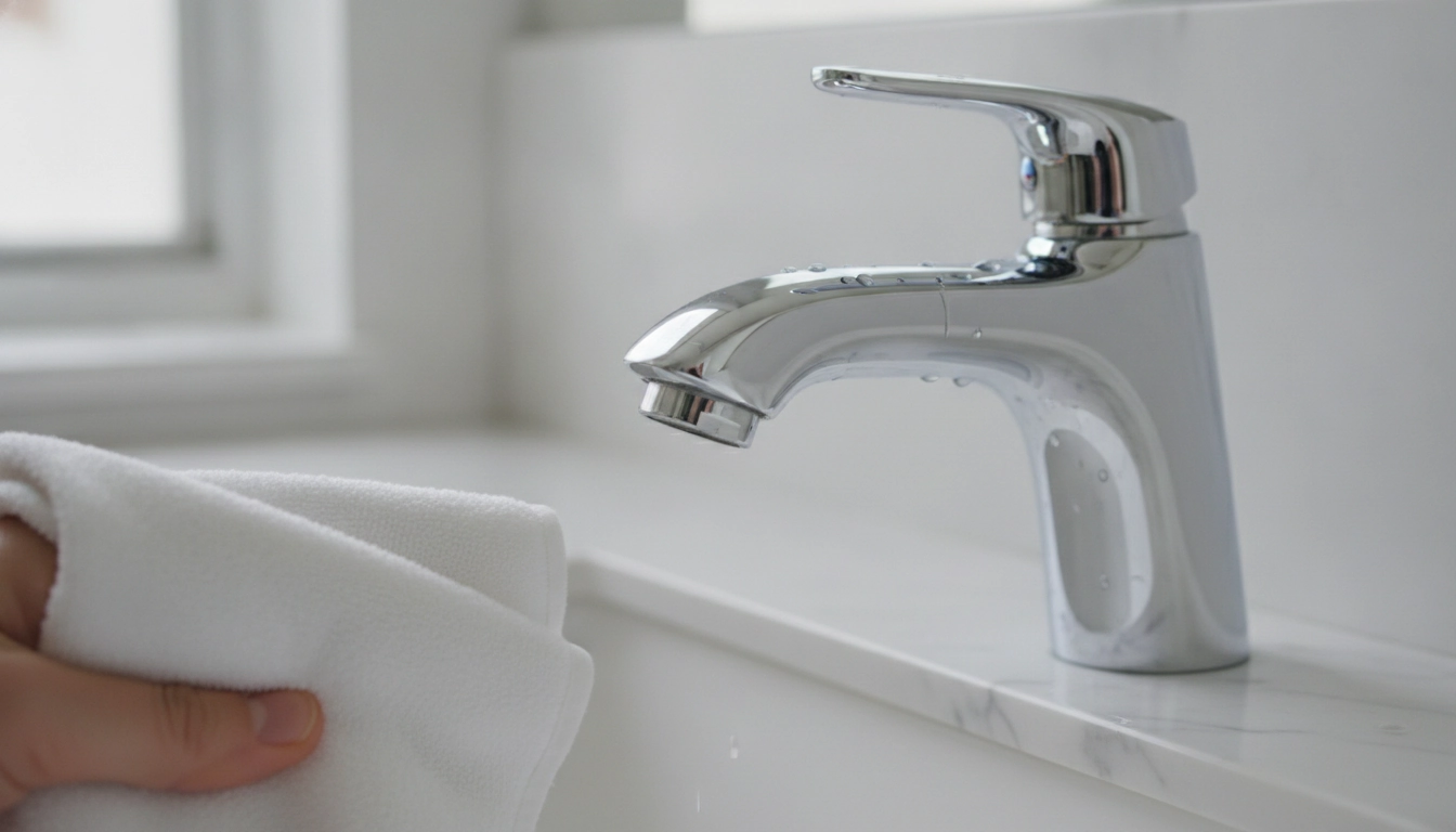 Démonstration d'un nettoyage rapide calcaire robinetterie salle bain efficace
