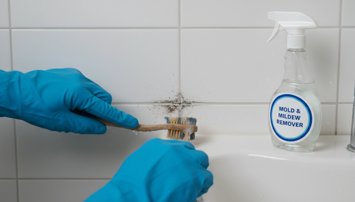 Nettoyage rapide joints salle bain moisissure avec une brosse à dents et un produit désinfectant