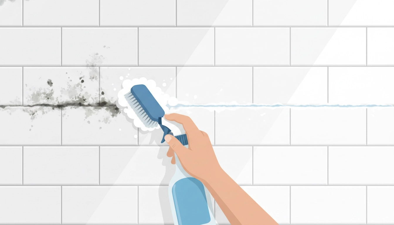 Nettoyage rapide des joints de salle de bain pour éliminer la moisissure avec une brosse et de la Javel