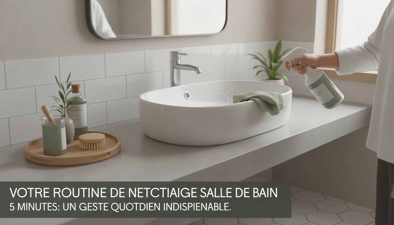 Une personne pratiquant un nettoyage salle bain 5 minutes quotidien efficace et rapide