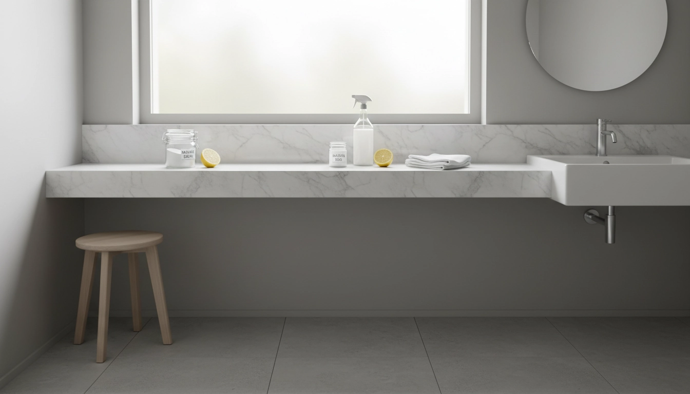 Produits naturels pour un nettoyage salle bain rapide posés sur un plan vasque en marbre blanc