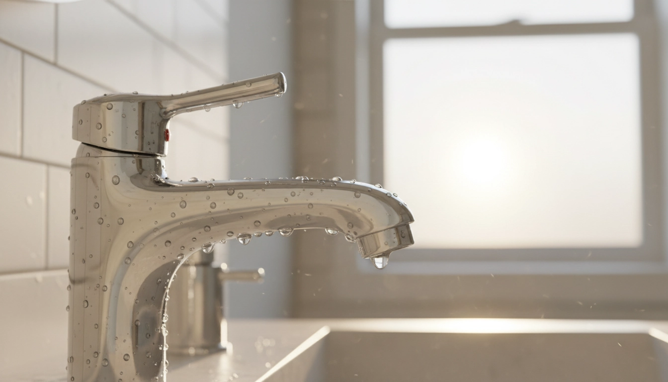 Robinet chromé brillant après nettoyage rapide du calcaire dans une salle de bain moderne