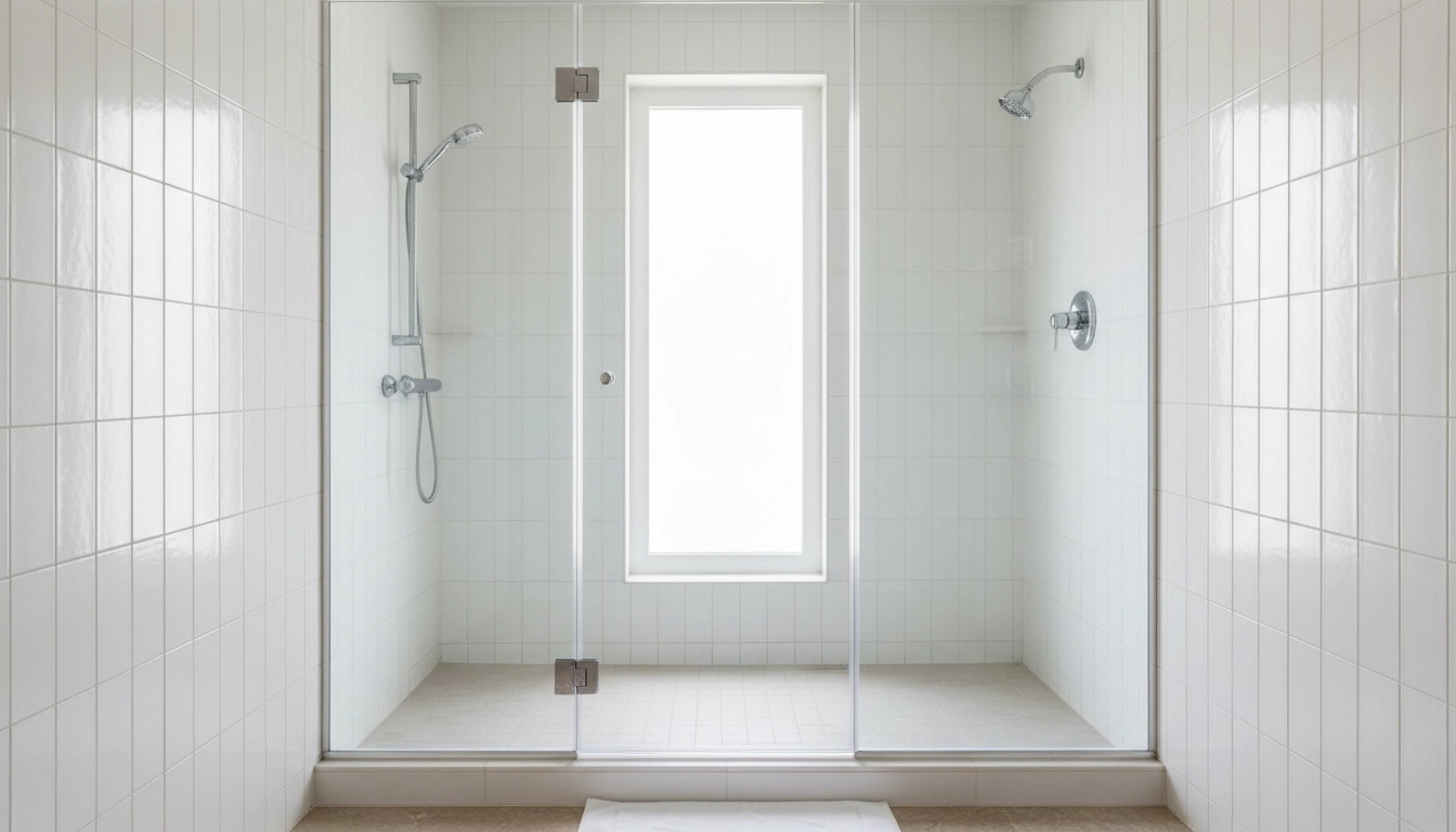 Douche en verre impeccable et joints blancs après nettoyage rapide et efficace de la salle de bain