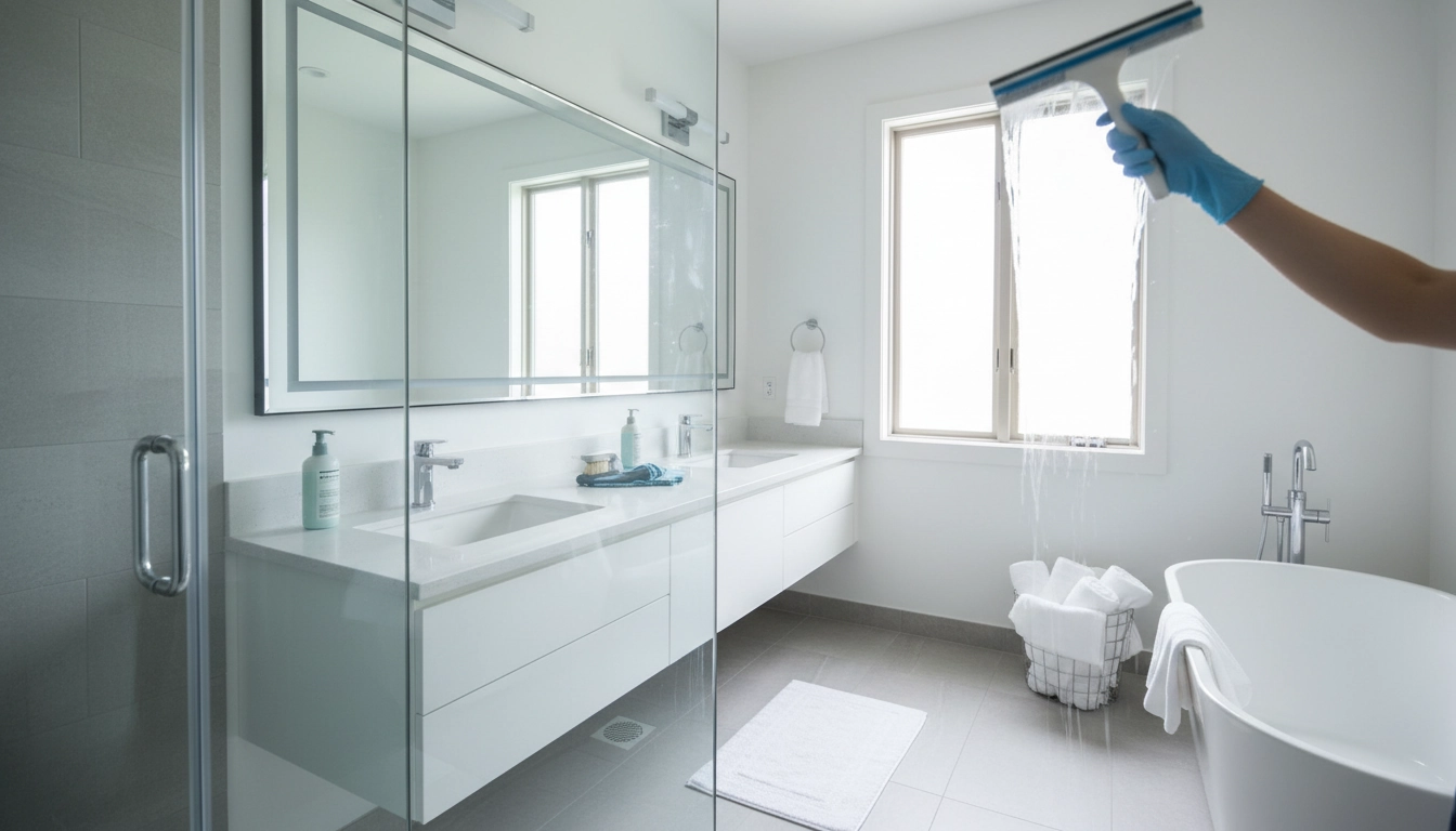 Nettoyage salle bain rapide avec produits naturels et chiffon microfibre sur un lavabo brillant