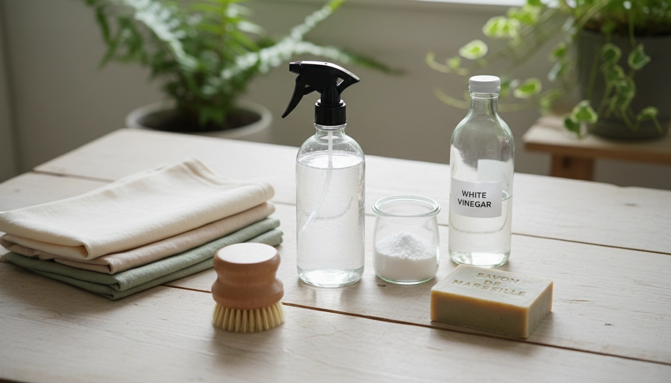 Kit complet de nettoyage zéro déchet avec vinaigre blanc, bicarbonate, savon de Marseille et lavettes en coton
