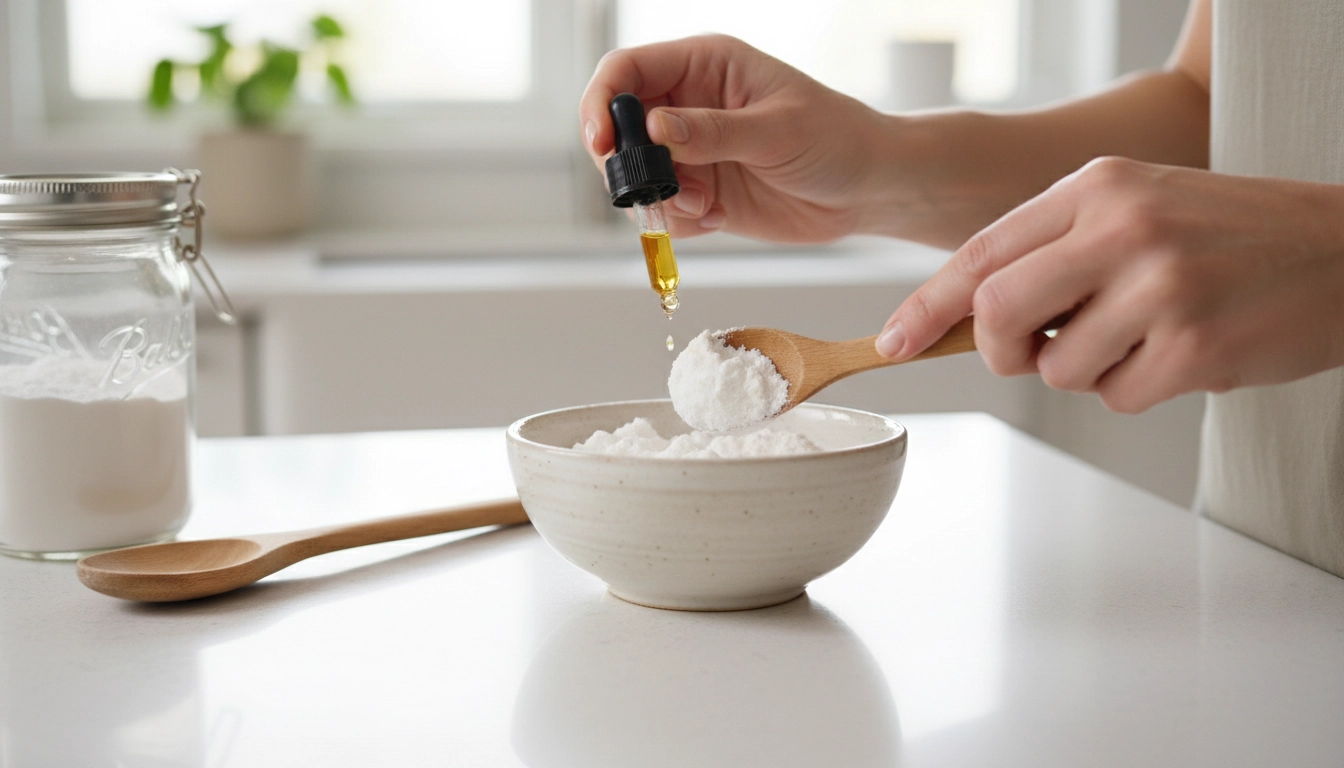 Préparation d'un nettoyant maison écologique avec bicarbonate de soude et huiles essentielles pour un intérieur sain