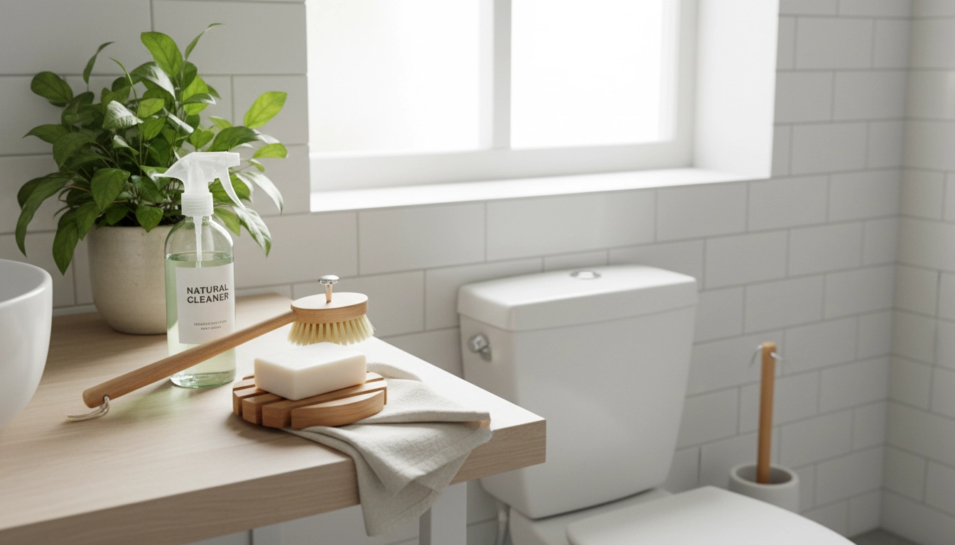 Salle de bain zéro déchet avec outils de nettoyage naturels en bambou, brosse en bois et produits écologiques faits maison