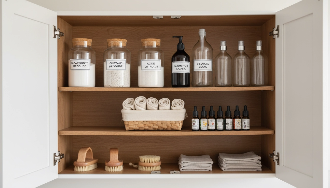 Organisation d'un placard de nettoyage zéro déchet avec produits naturels en vrac et contenants réutilisables en verre