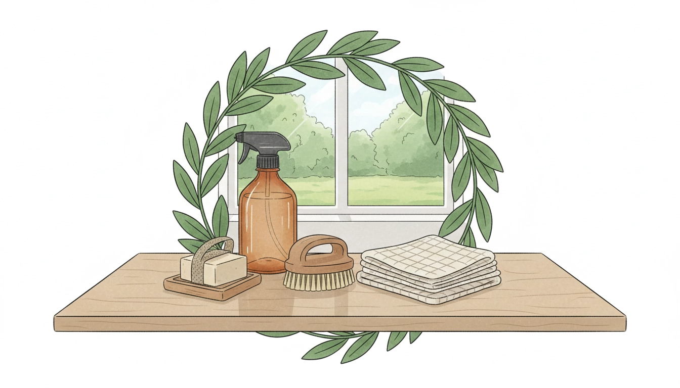 Produits naturels pour le nettoyage zéro déchet : vinaigre blanc, bicarbonate de soude et savon de Marseille sur une surface en bois