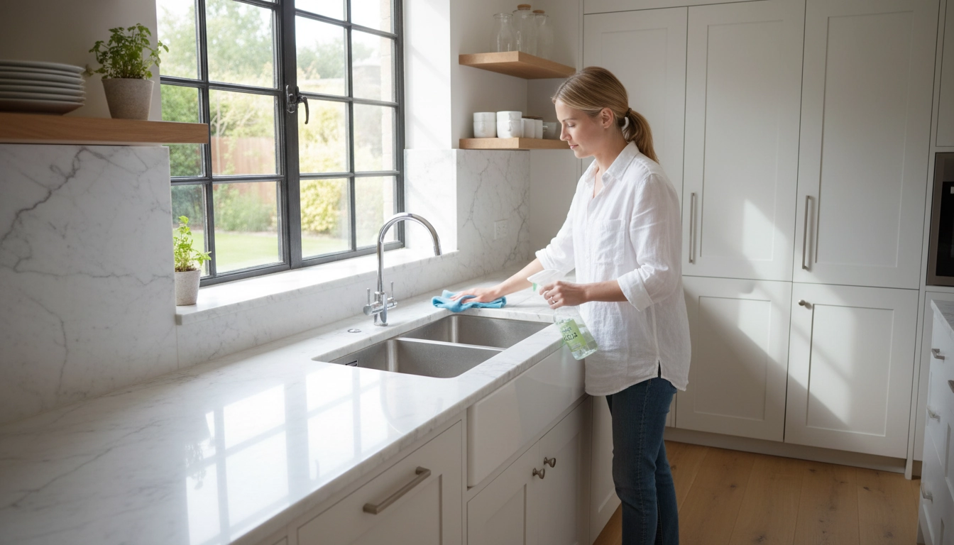 Femme utilisant un chiffon microfibre pour nettoyer cuisine facilement avec des produits naturels