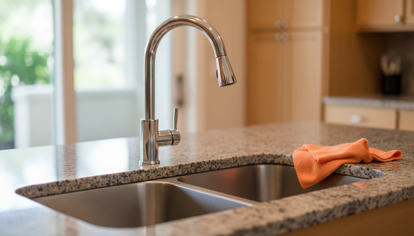 Évier de cuisine en inox brillant et impeccable après nettoyage au bicarbonate et citron