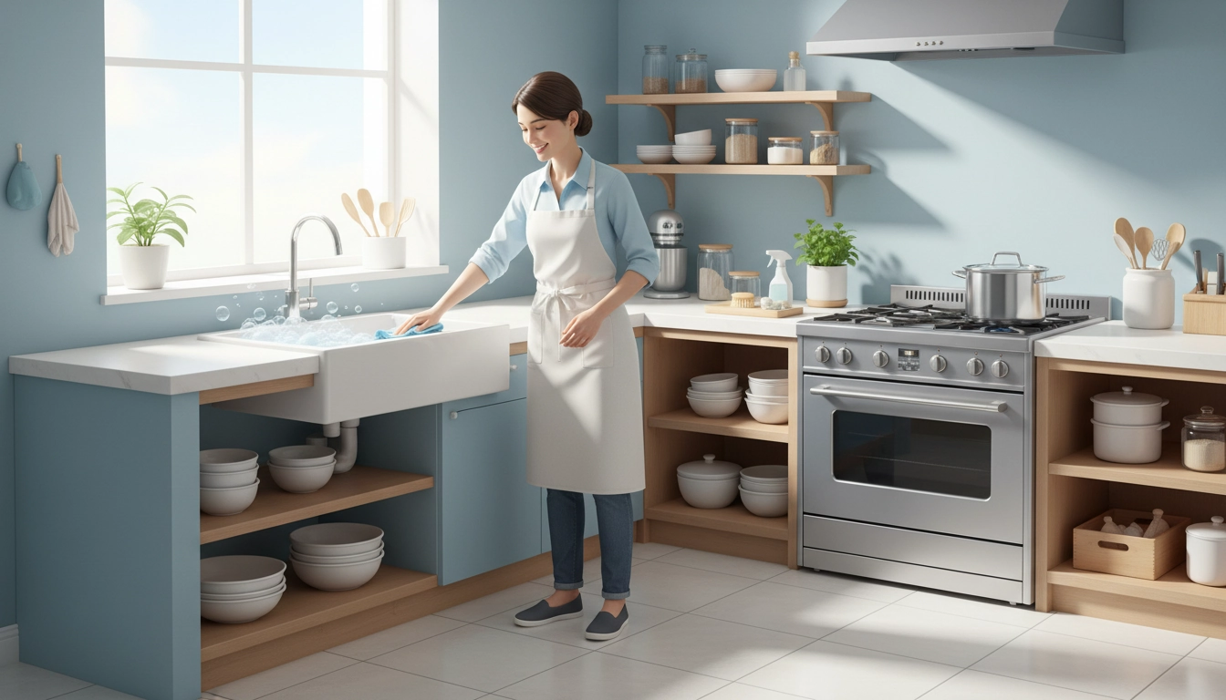 Cuisine moderne propre et lumineuse illustrant comment nettoyer cuisine facilement au quotidien