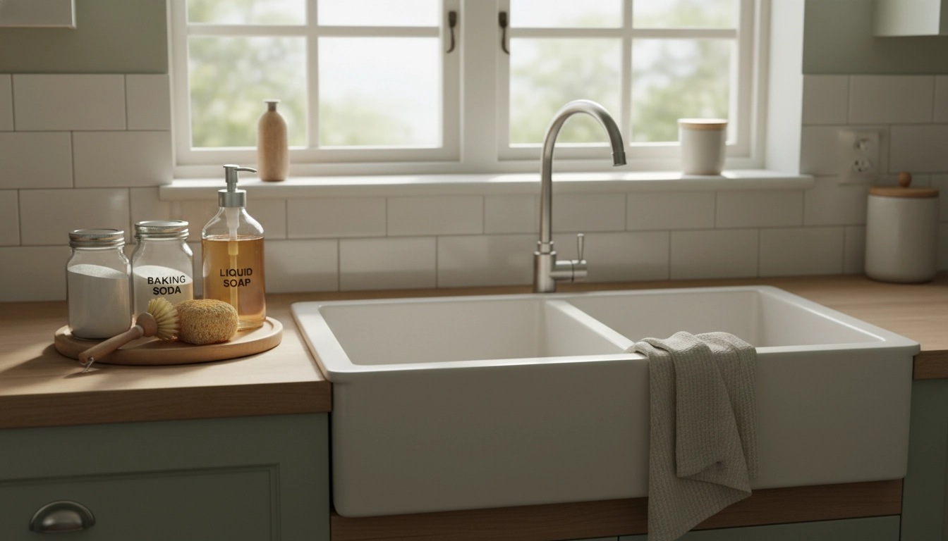 Matériel indispensable pour nettoyer cuisine zéro déchet produits naturels avec des brosses en bois et des bocaux en verre