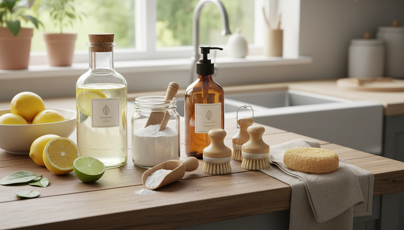 Ustensiles écologiques, brosses en bois et ingrédients bruts pour nettoyer une cuisine zéro déchet avec des produits naturels