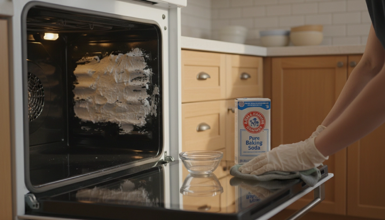 Pâte de bicarbonate appliquée à l'intérieur d'un four pour nettoyer le four cuisine sans frotter