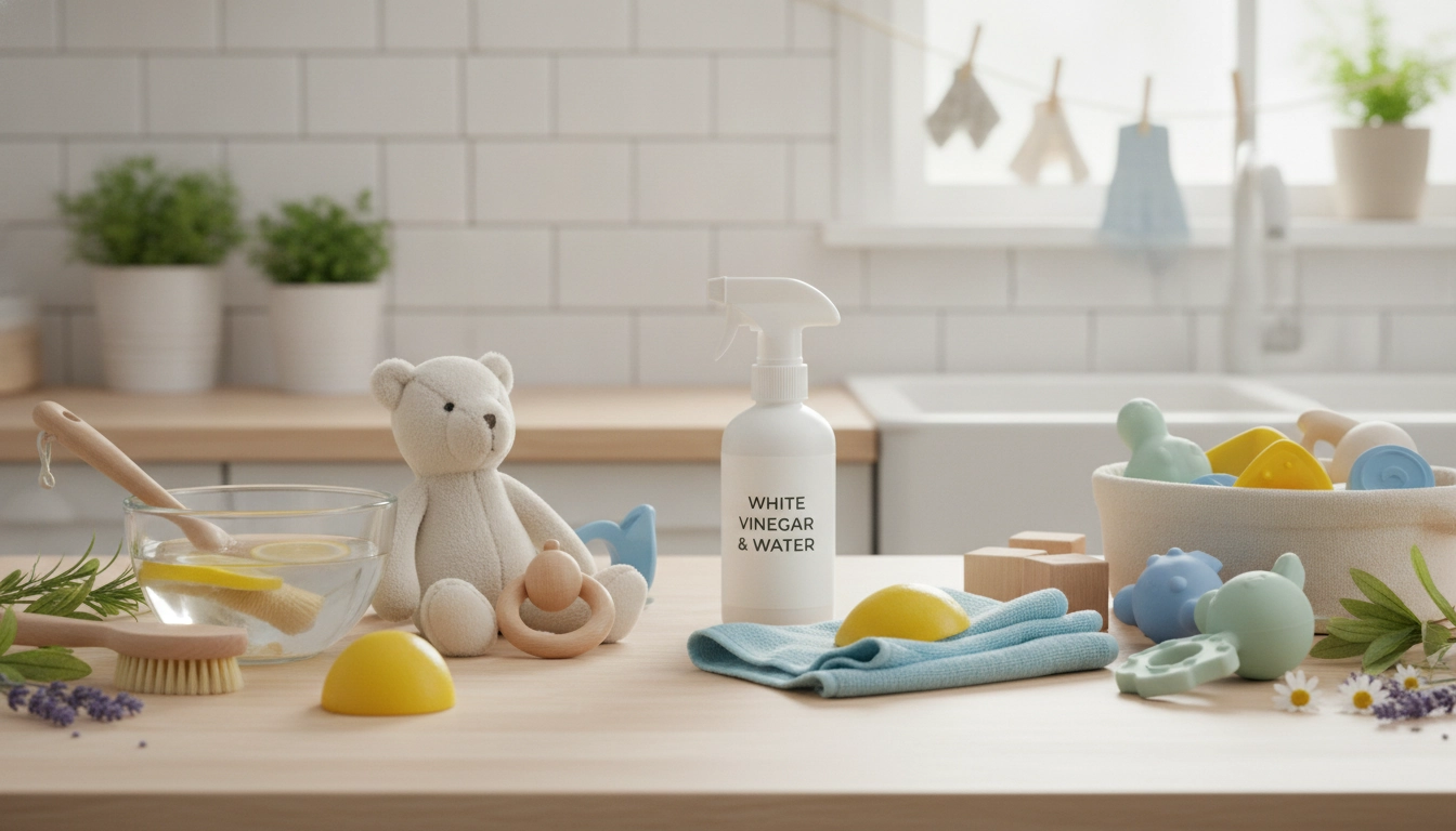 Maman qui utilise un chiffon propre pour nettoyer jouets bébé naturellement