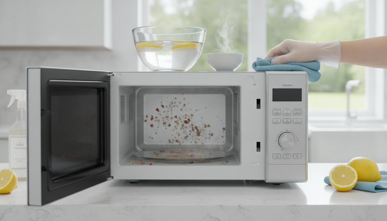 Une personne en train de nettoyer micro-ondes taches incrustées rapidement avec un chiffon propre.