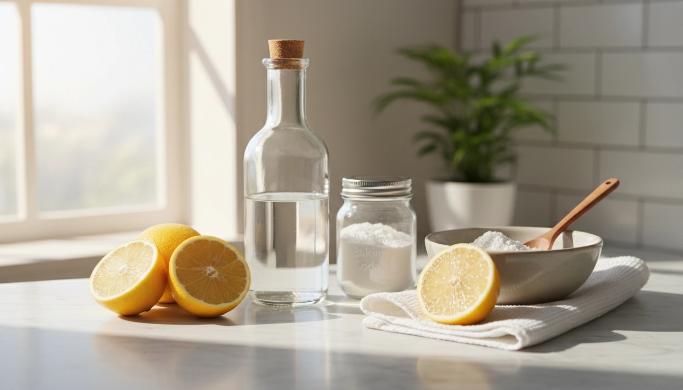 Ingrédients naturels pour nettoyer salle de bain naturellement calcaire : vinaigre blanc, bicarbonate, acide citrique et citron