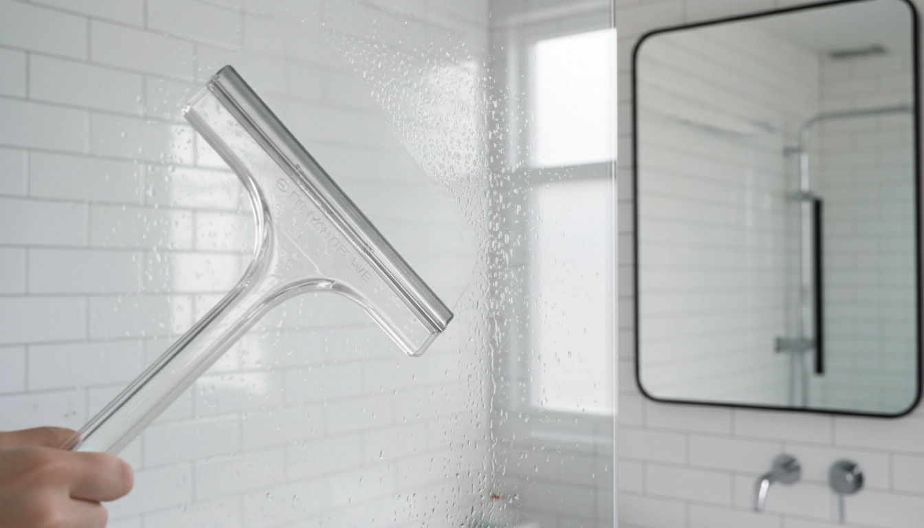 Nettoyer une paroi de douche en verre pour éliminer le calcaire naturellement avec une raclette
