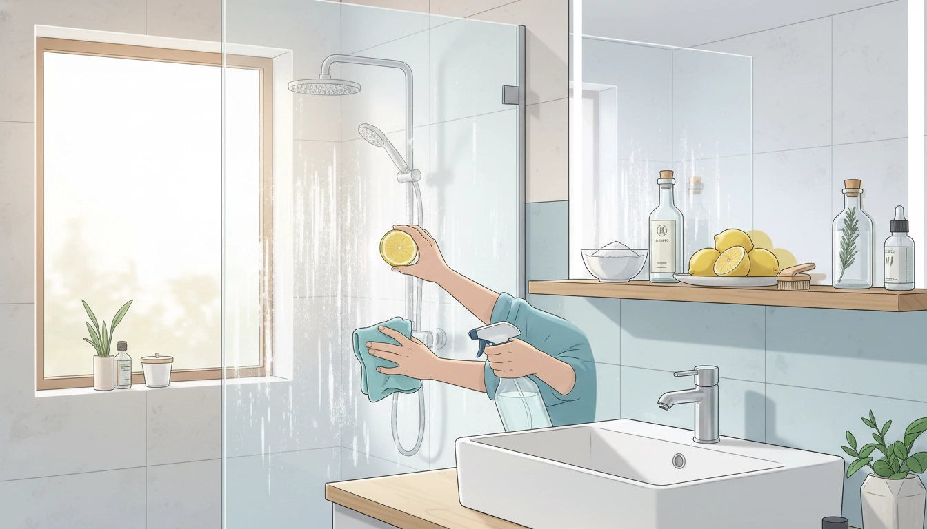 Produits naturels pour nettoyer la salle de bain : vinaigre blanc, bicarbonate et citron sur une étagère en bois