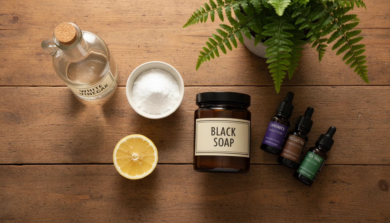 Ingrédients naturels pour nettoyer sans produits chimiques : vinaigre blanc, bicarbonate, citron et savon noir disposés sur une table en bois