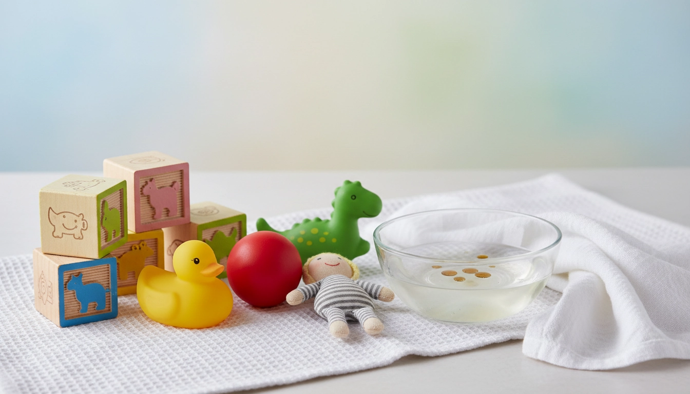 Jouets de bébé nettoyés naturellement avec du vinaigre blanc dilué, sans produits chimiques dangereux pour les enfants