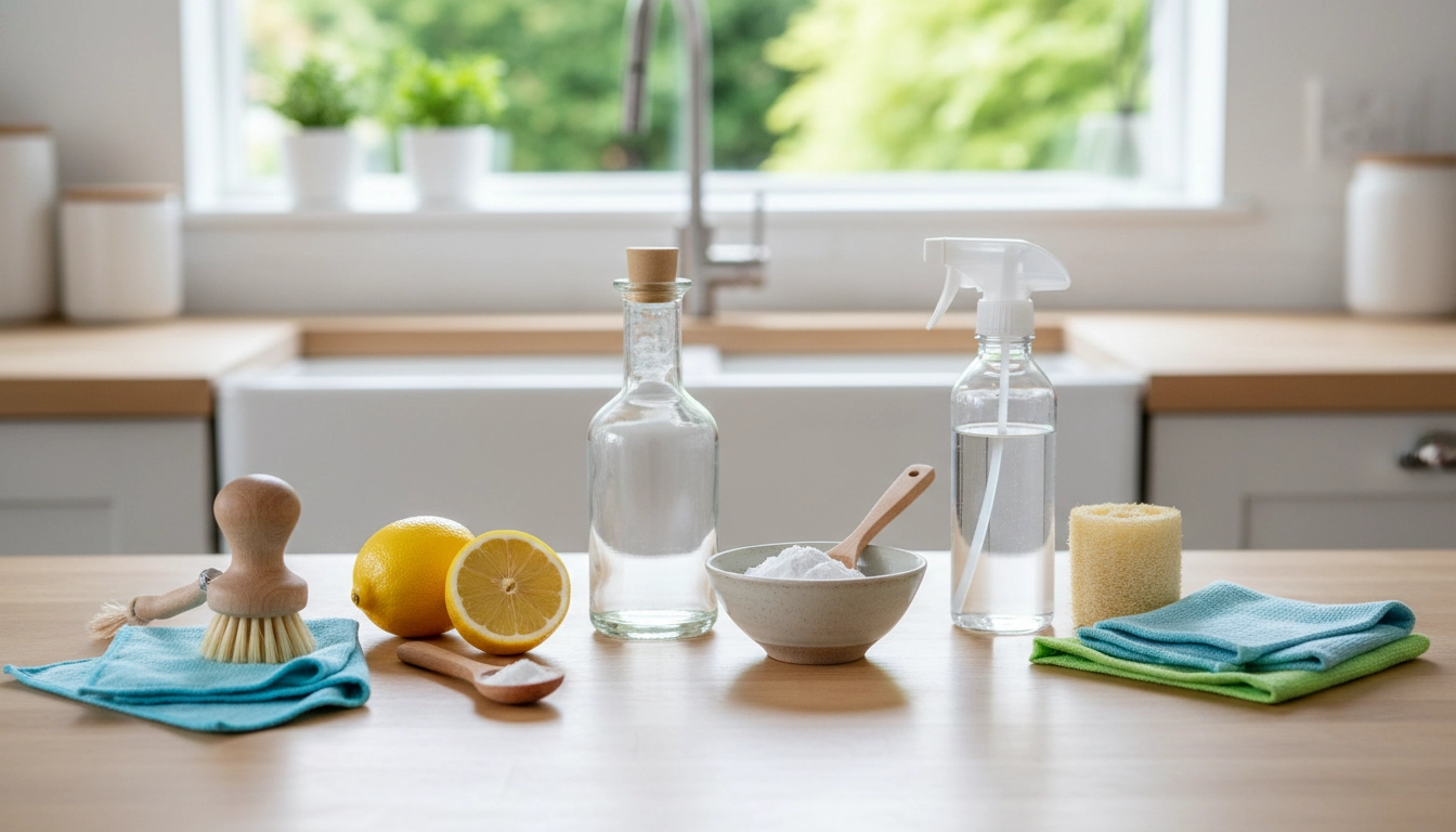 Produits naturels pour nettoyer sans produits chimiques : vinaigre blanc, bicarbonate de soude, citron et savon noir sur une surface en bois