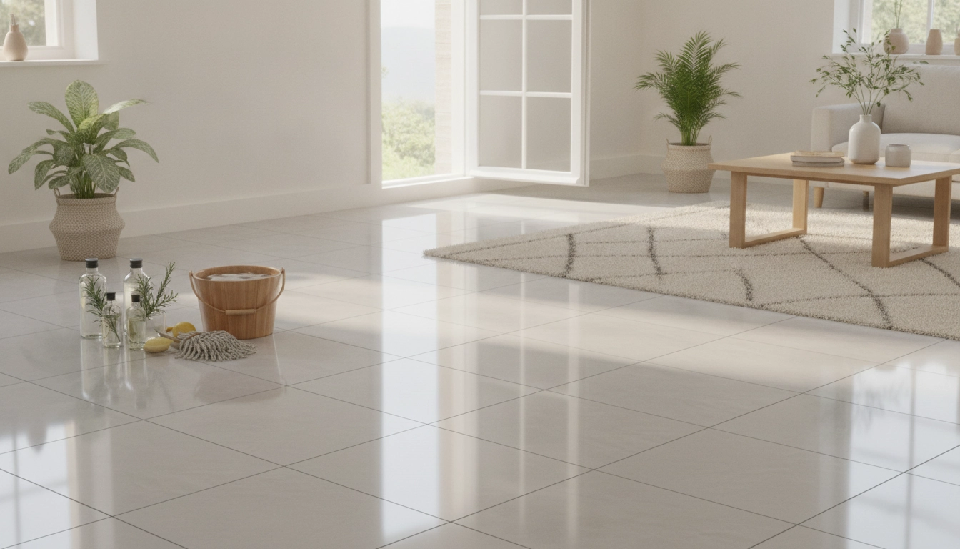 Un sol en carrelage propre et brillant après un nettoyage écologique.