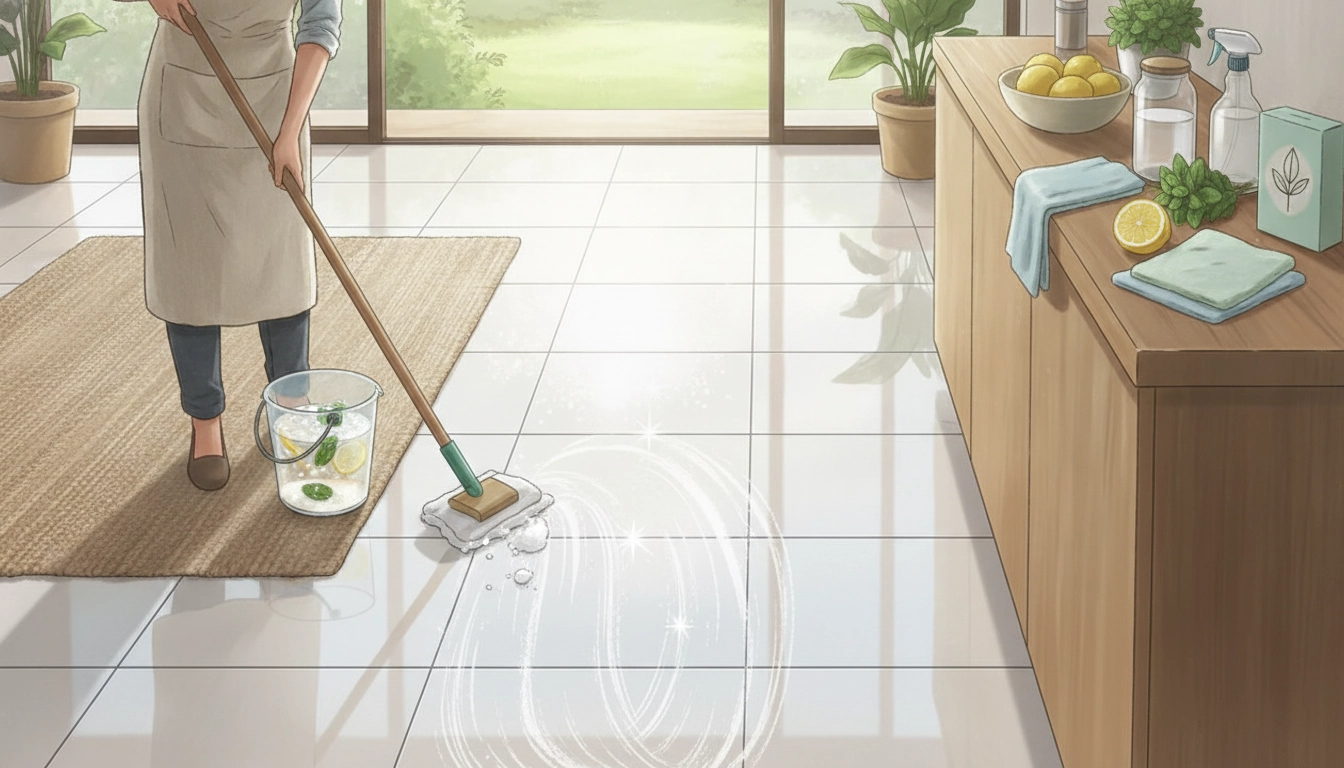 Une personne utilisant des produits naturels pour nettoyer sols carrelage naturellement dans une cuisine moderne.