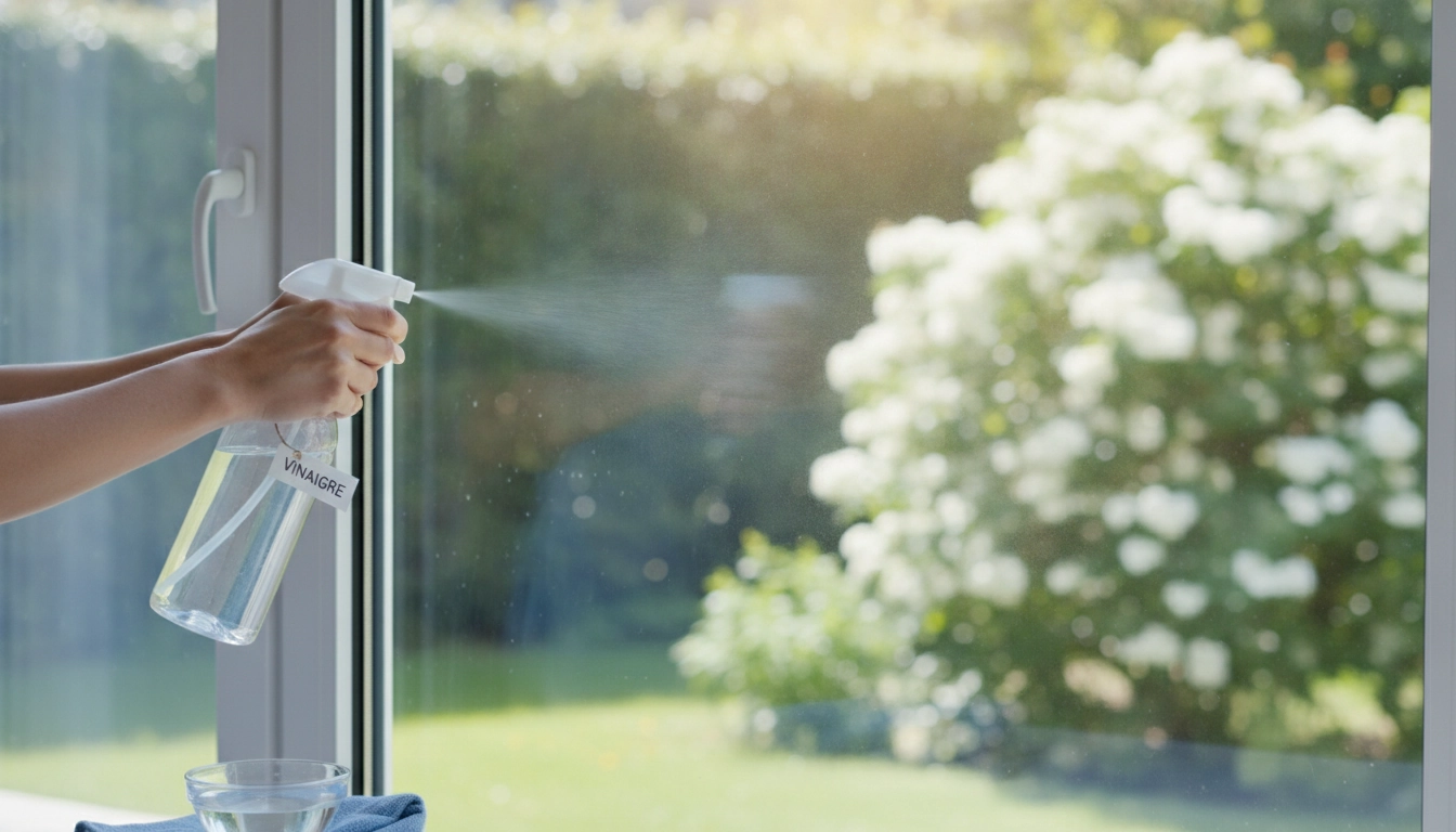 Une personne utilisant un vaporisateur pour nettoyer vitres sans traces vinaigre sur une grande fenêtre ensoleillée.