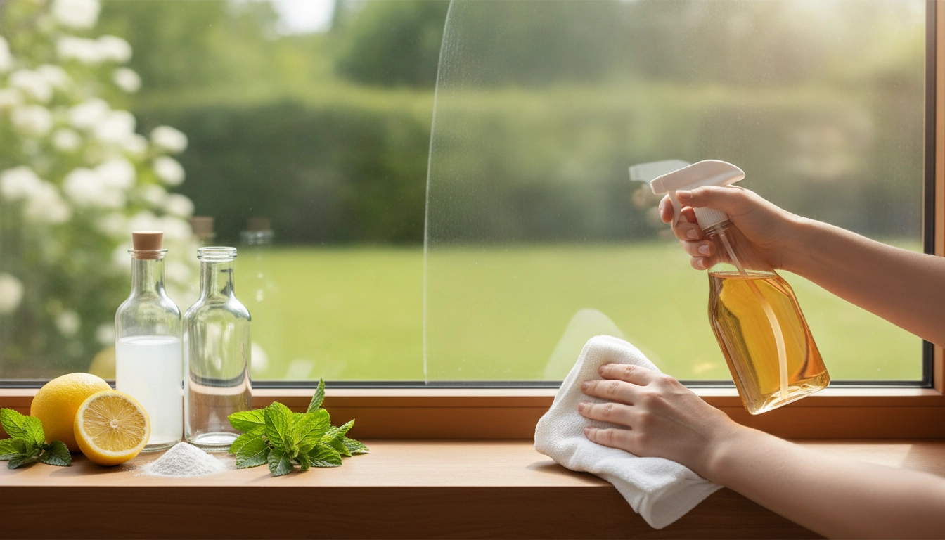 Une personne utilisant un vaporisateur naturel pour nettoyer vitres traces sans produits.