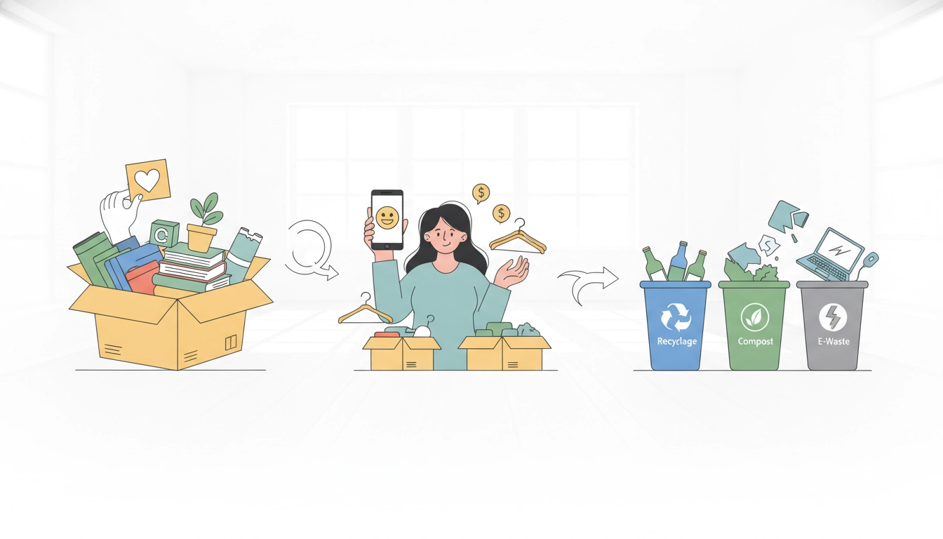 Une personne triant des objets pour savoir que faire des objets désencombrés donner vendre recycler efficacement.