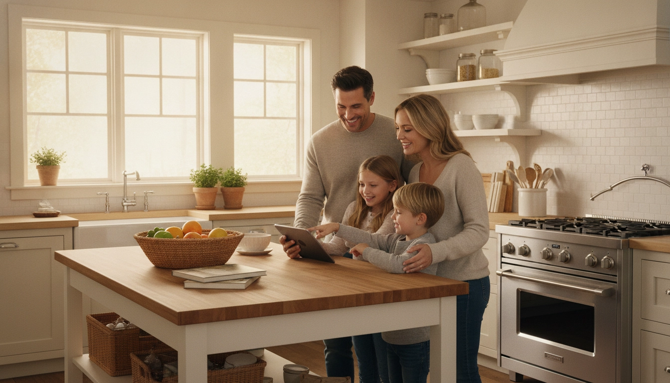 Famille heureuse en cuisine pour optimiser budget alimentaire familial astuces