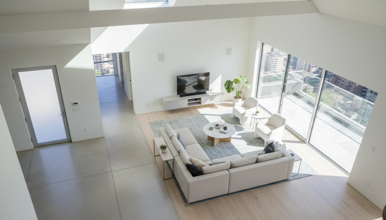 Plan de vue de haut pour bien optimiser circulation flux aménagement salon avec des passages dégagés.