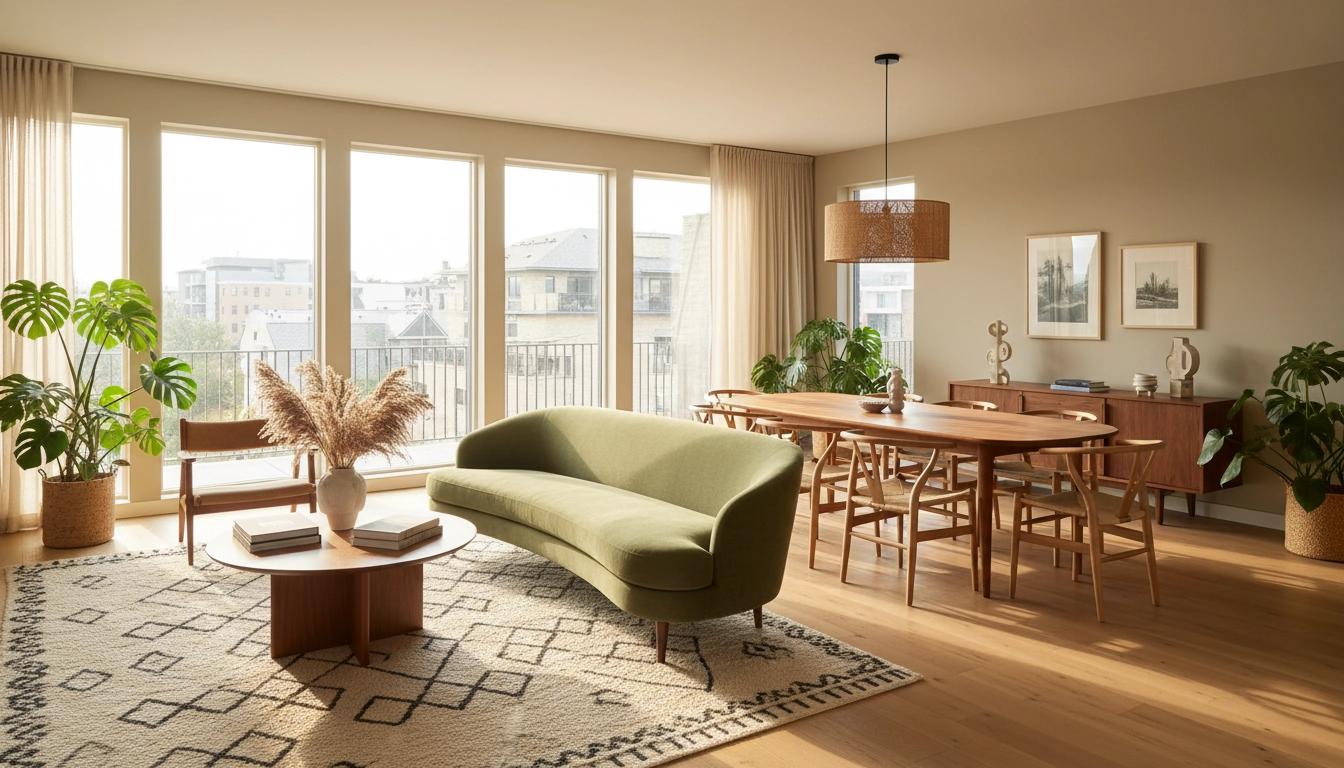 Séparation visuelle des espaces avec un canapé et un grand tapis dans un salon ouvert.