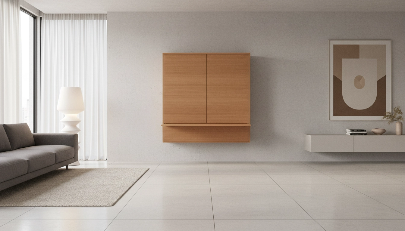 Bureau mural rabattable fermé pour libérer l'espace et éviter les obstacles au sol.