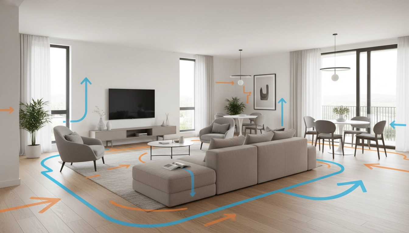 Un salon moderne et épuré démontrant comment optimiser circulation flux aménagement salon avec des meubles bien espacés.