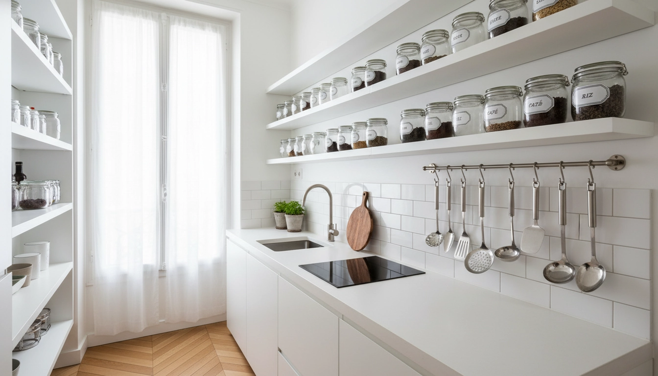 Cuisine parisienne compacte avec étagères murales pour optimiser l'espace vertical d'une petite cuisine