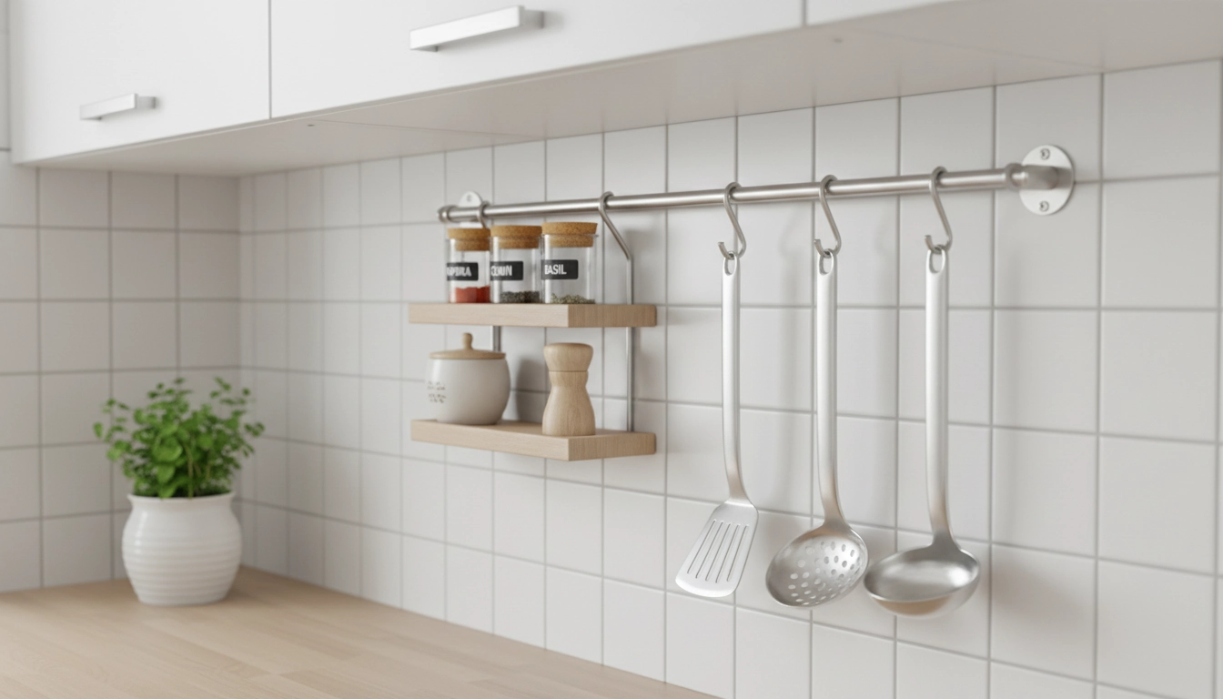 Système de rails modulables entre plan de travail et meubles hauts pour le rangement vertical d'une cuisine