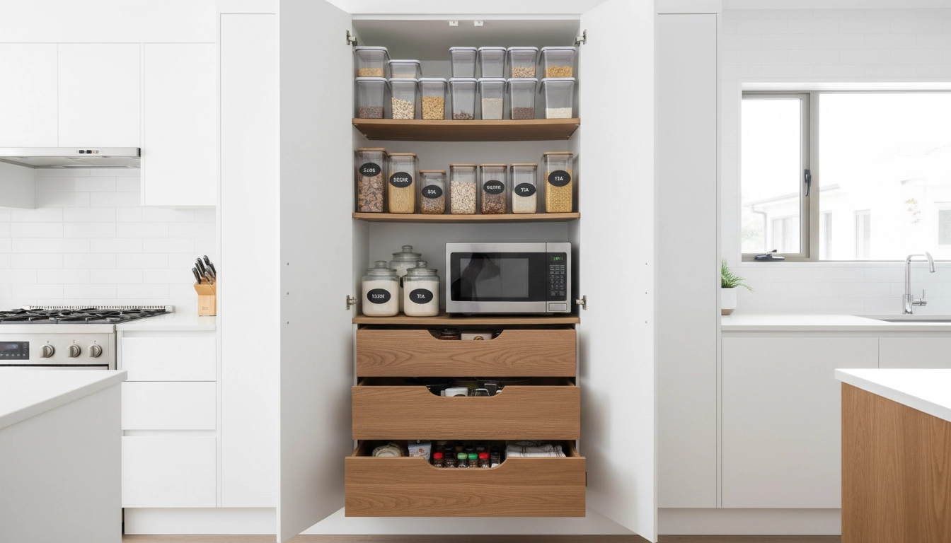 Colonne de rangement pleine hauteur dans une petite cuisine pour maximiser l'espace vertical disponible