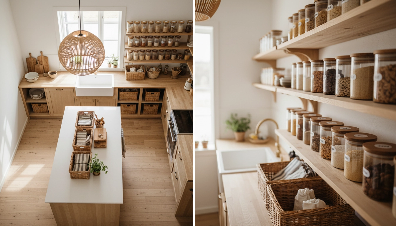 Bocaux standardisés étiquetés sur étagères hautes pour maintenir un rangement vertical efficace dans une petite cuisine