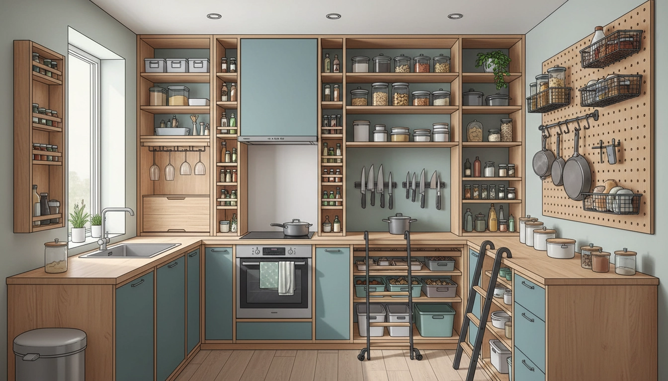 Optimiser l'espace vertical d'une petite cuisine avec des étagères murales et des rangements suspendus