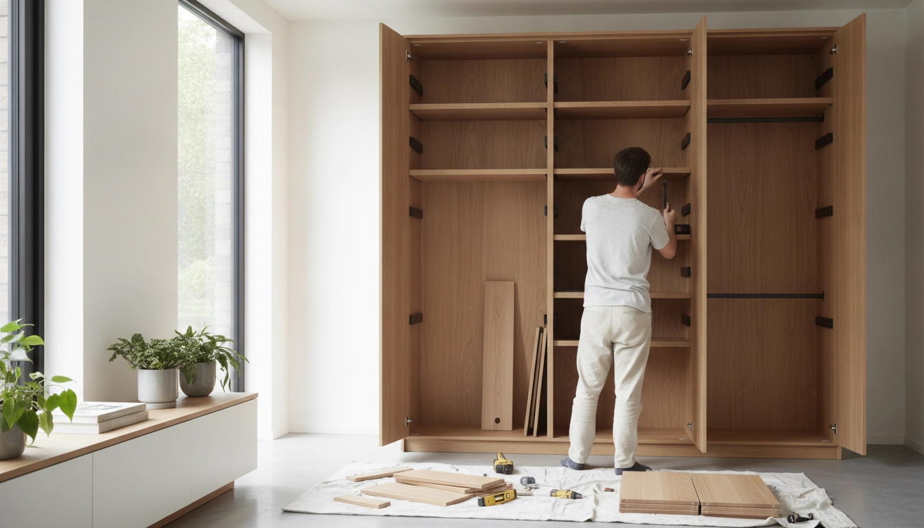 Une personne en train d'optimiser meubles rangement existants dans une garde-robe en bois.