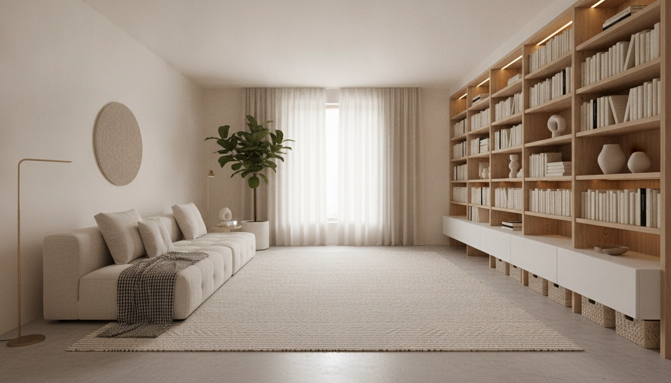 Un salon minimaliste avec des meubles de rangement parfaitement organisés.
